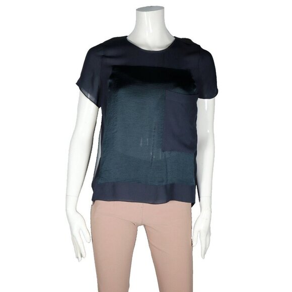 Helmut Lang Womens Petite Teal Blue Shirt Short Sleeve Front Pocket Nylon Blouse - Picture 1 of 9